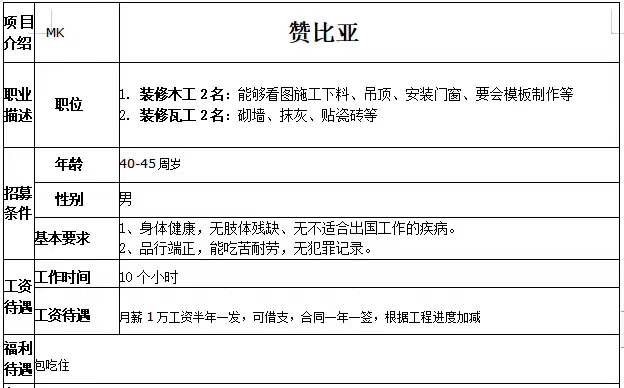 贊比亞：裝修木工、裝修瓦工