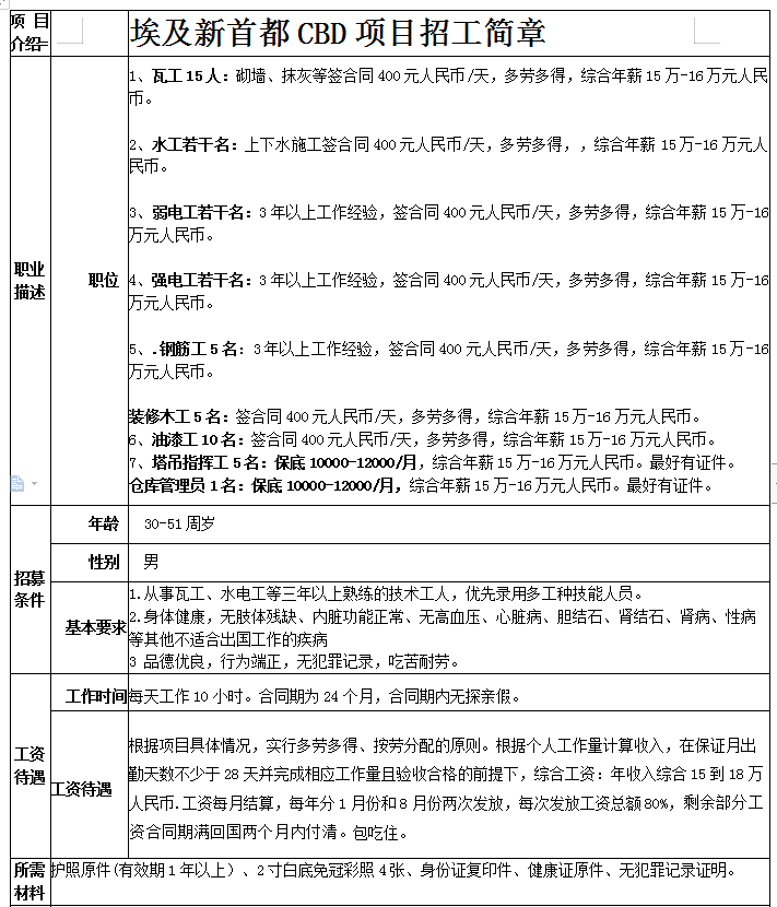 埃及新首都招工簡章